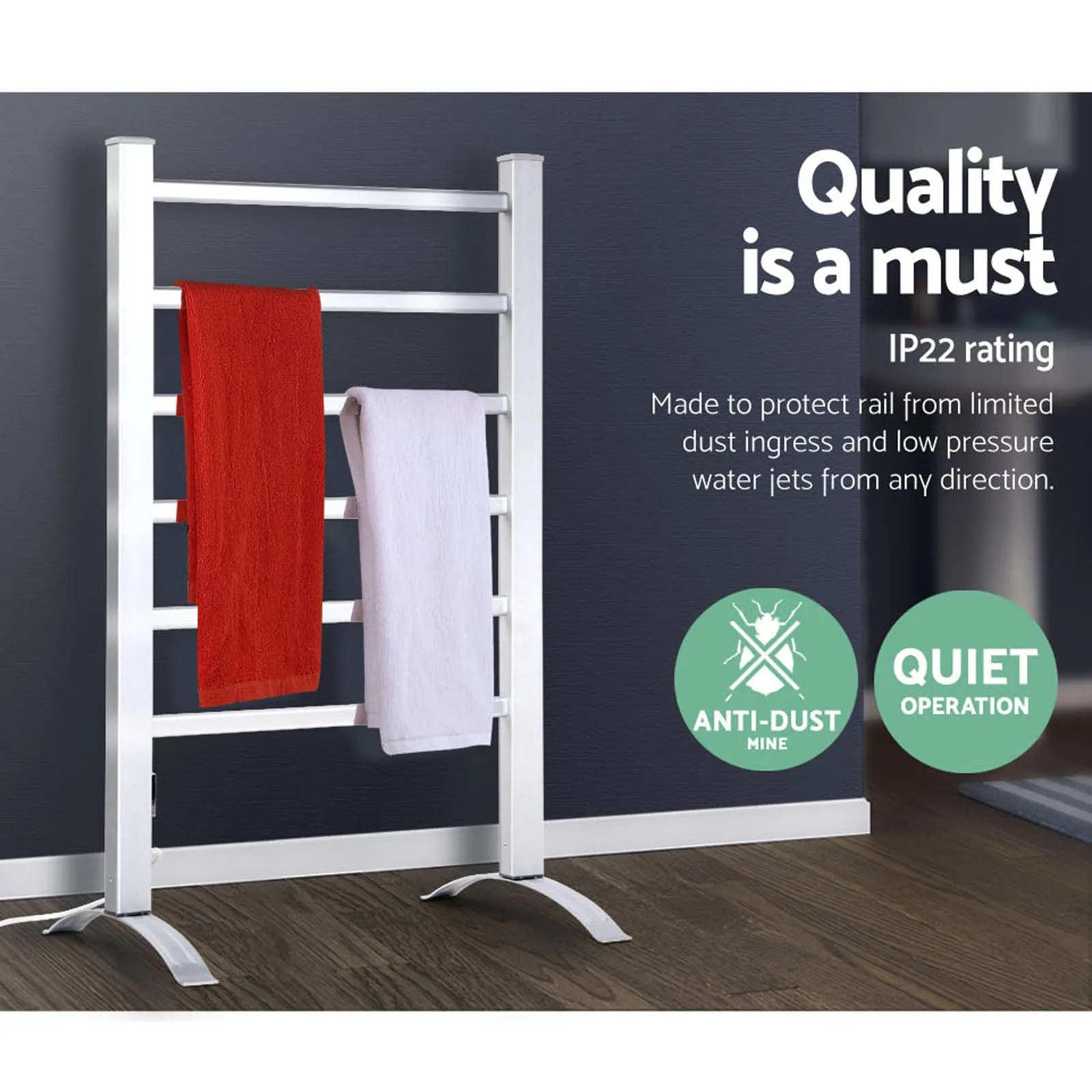 Portable 6-Bar Electric Heated Towel Rail with Timer - Devanti