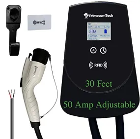 PRIMECOM 50 Amp Level-2 EV Wall Charger Station 220 Volt for Tesla, Volkswagen ID4, Mustang Mach-E, Ford F150, Audi Etron, Toyota RAV4, Kia EV6, Hyundai IONIQ 5, Polestar, Rivian (30 Feet, Hardwire)