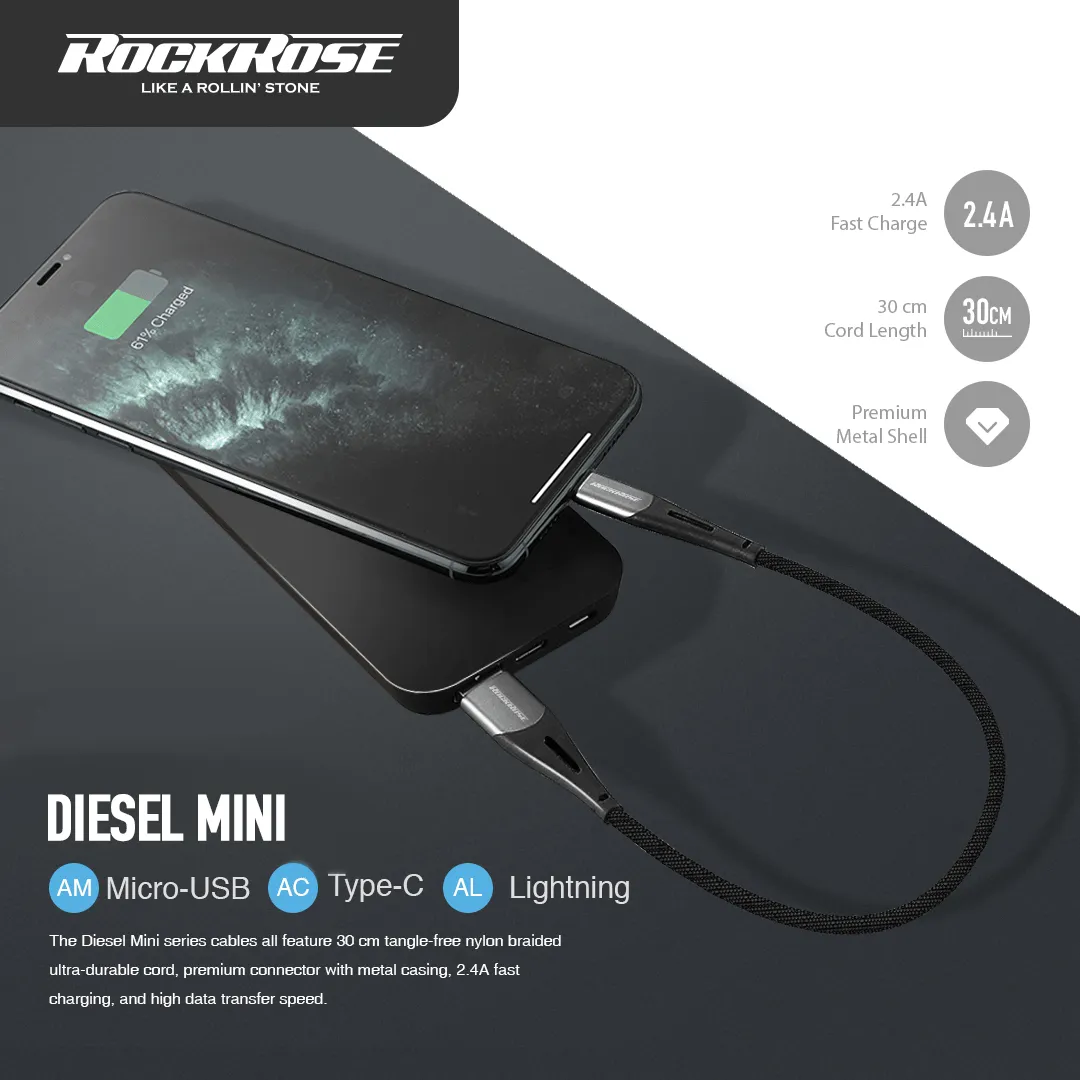 RockRose Diesel USB to Lightning Short Braided Cable (30cm)