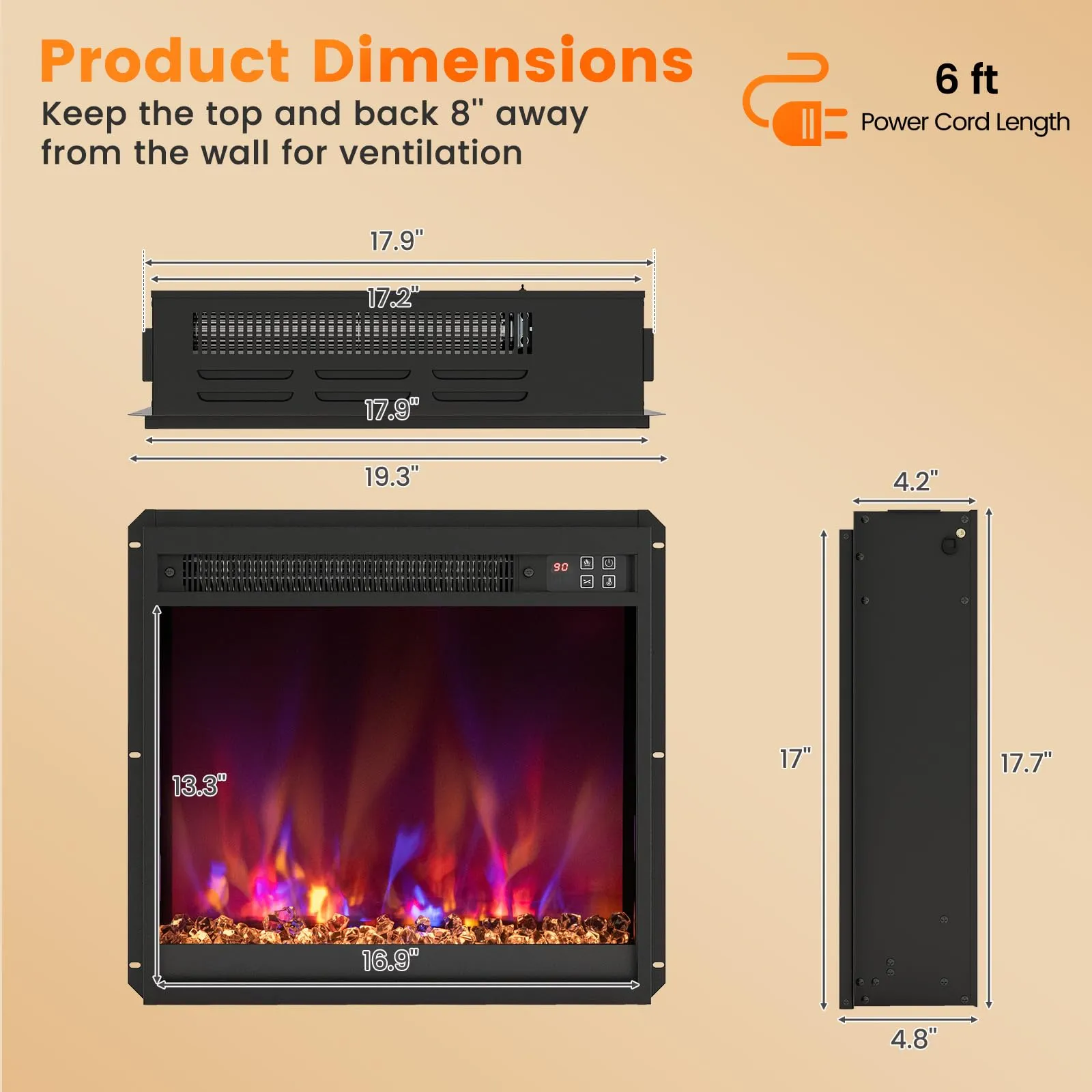 Tangkula 18” Electric Fireplace Insert, Recessed 1500W Fireplace Heater with Remote Control