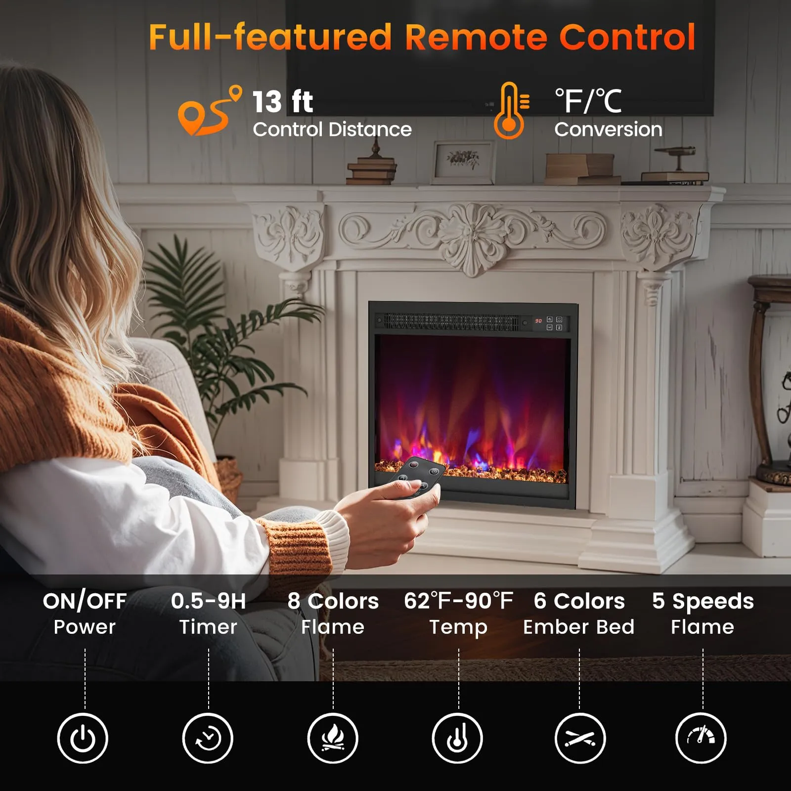 Tangkula 18” Electric Fireplace Insert, Recessed 1500W Fireplace Heater with Remote Control