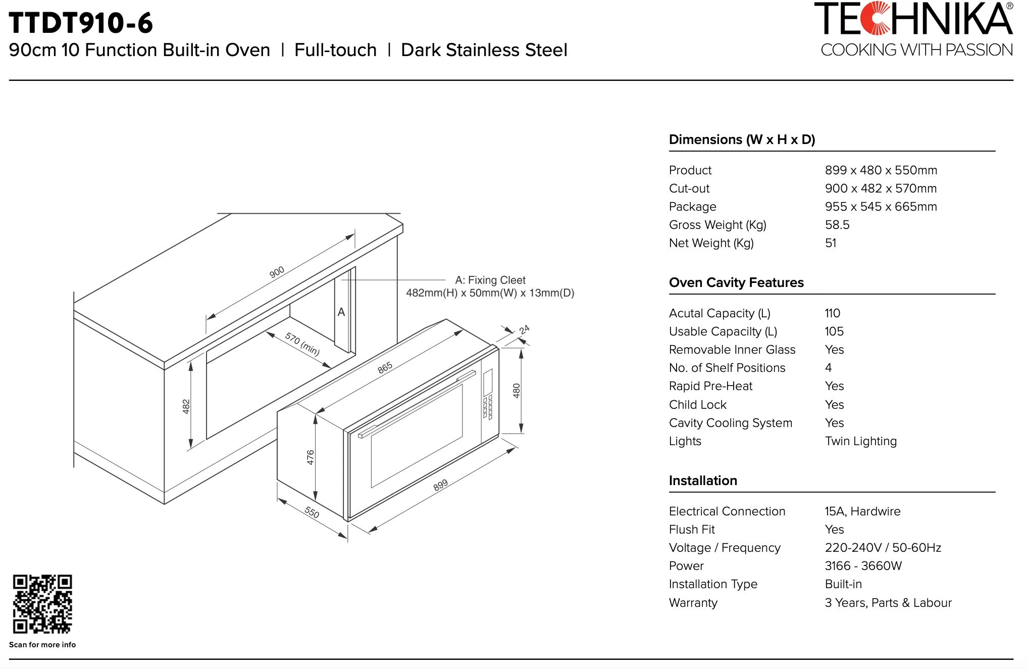 Technika TTDT910-6 90cm Electric Black Glass Built in Oven