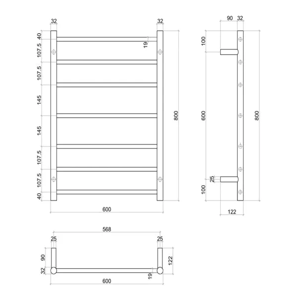 Thermogroup 7 Bar Heated Towel Rail Matte Black 600mm