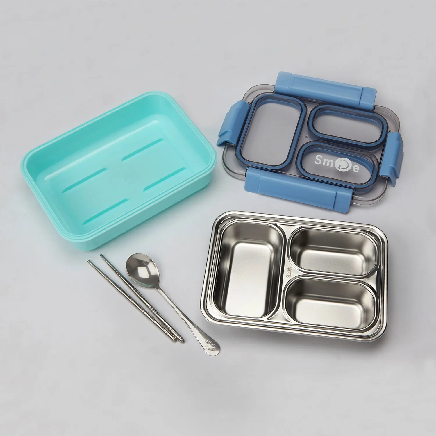 TRIPLE COMPARTMENT LUNCH BOX - BLUE & LIGHT GREEN