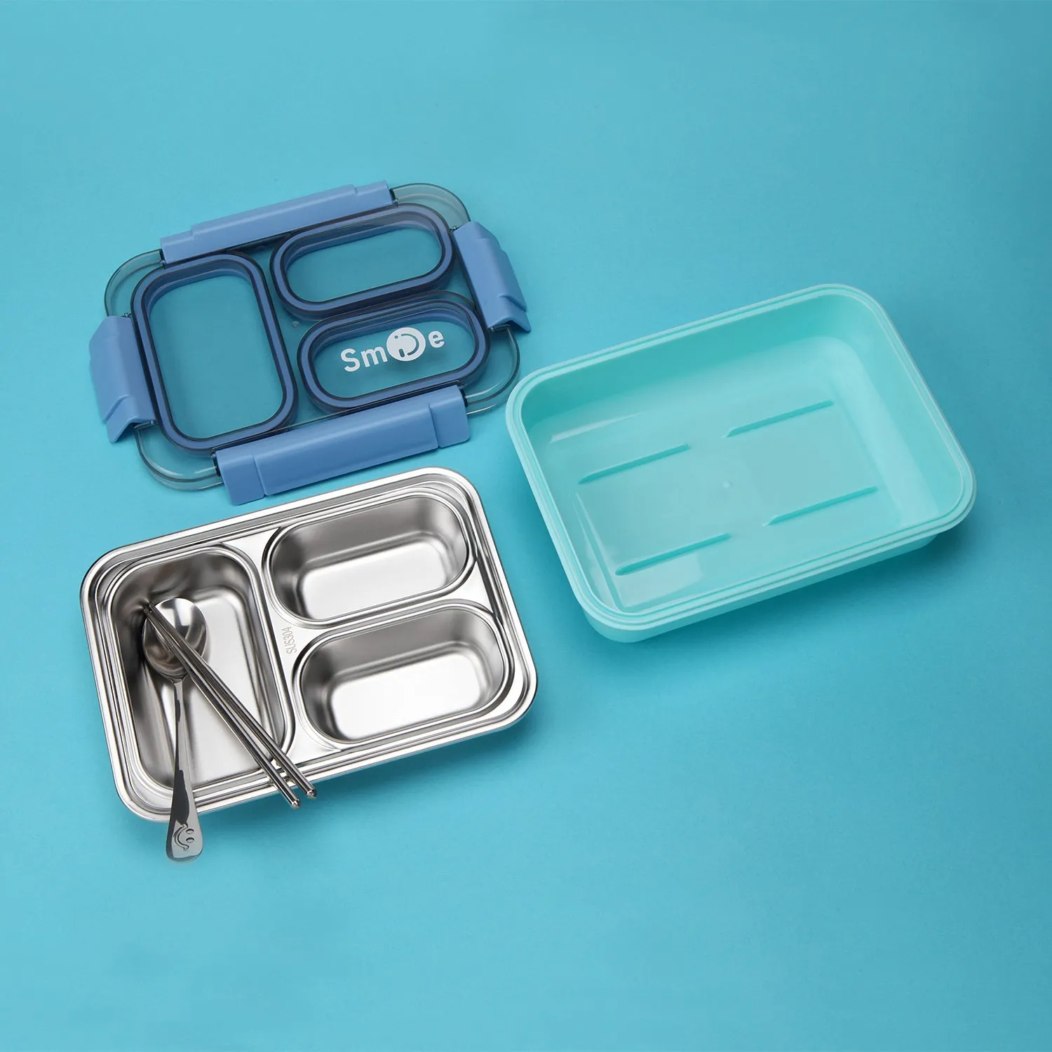 TRIPLE COMPARTMENT LUNCH BOX - BLUE & LIGHT GREEN