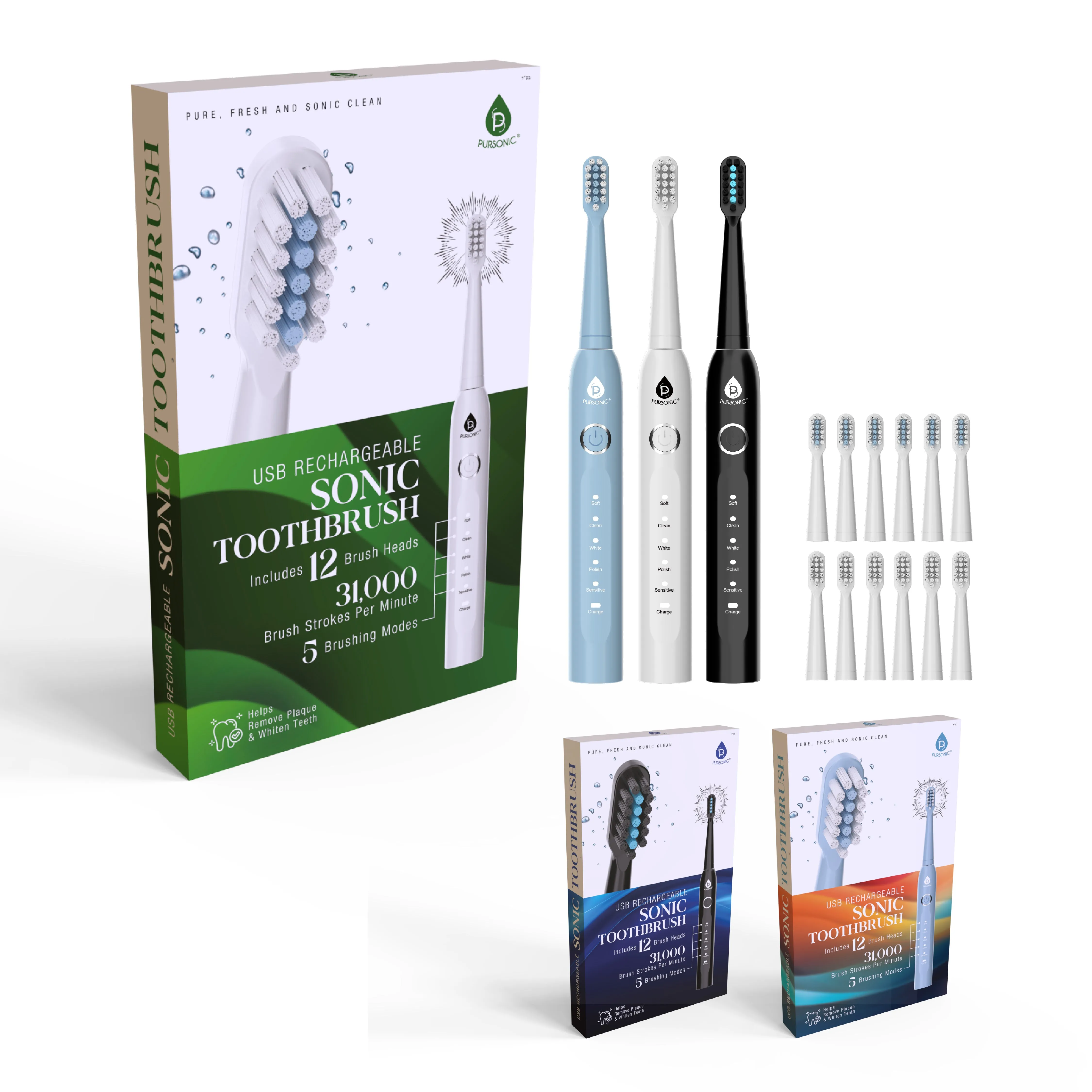 USB Rechargeable Sonic Toothbrush with 12 Brush Heads