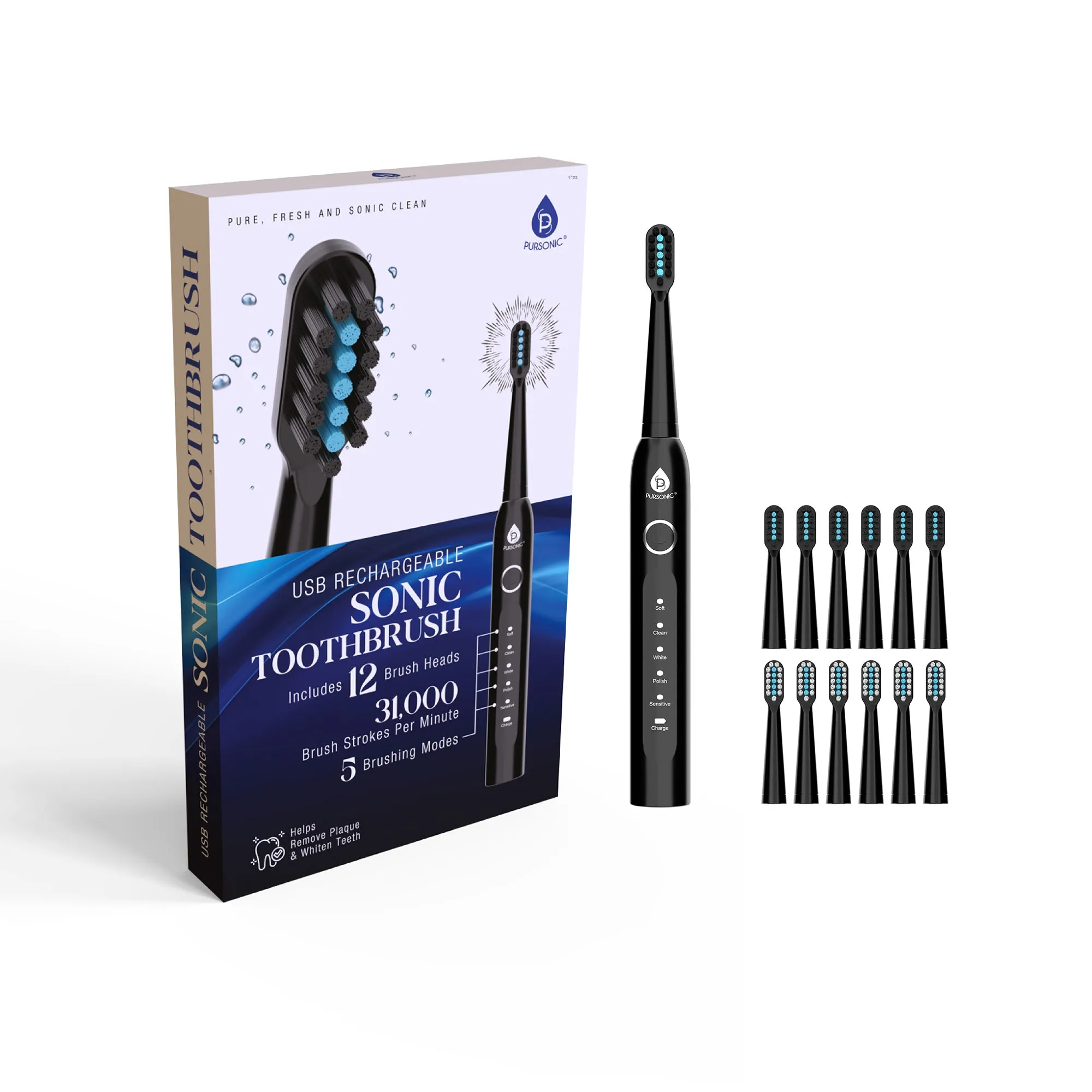 USB Rechargeable Sonic Toothbrush with 12 Brush Heads