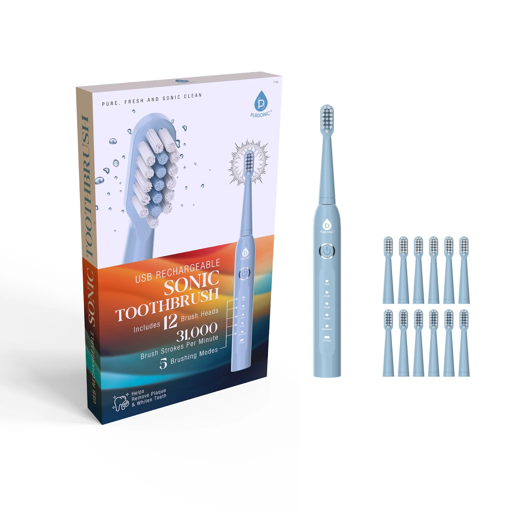 USB Rechargeable Sonic Toothbrush with 12 Brush Heads